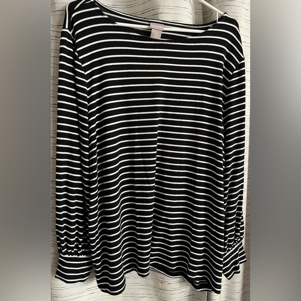 Chico's Black White Striped Long Sleeves Crew Neck Top Sz 3 (XL/16) Cuffed